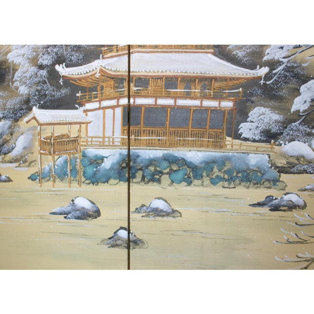 1960s "Winter Landscape With Temple", Showa Era Japanese Silk Byobu Screen For Sale In Dallas - Image 6 of 18