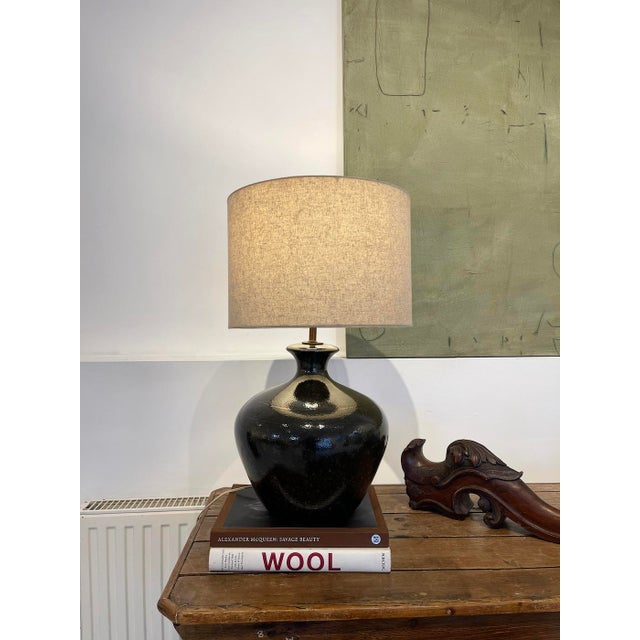 Charcoal 1960s Lava Glaze Ceramic Table Lamp, Sculptural Mid Century Modern Statement For Sale - Image 8 of 8
