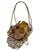 Decorative iridescent amber art glass bowl with textured exterior and scalloped rim, mounted in an ornate bronze basket....