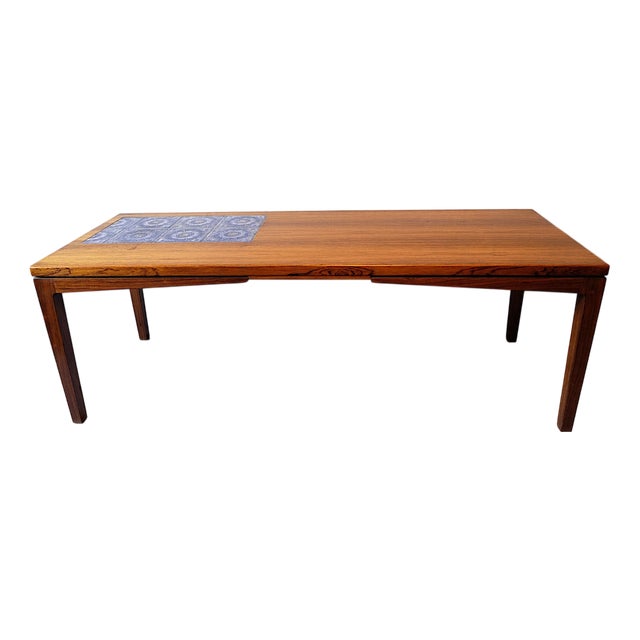 Rosewood Coffee Table with Blue Ceramic Tiles, Denmark, 1960s For Sale