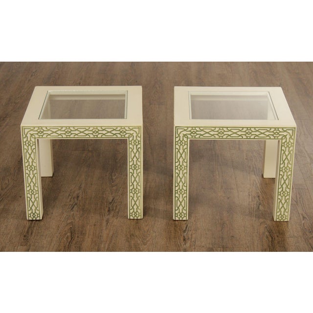 Mid 20th Century Hollywood Regency Pair Of Lacquered Greek Key Glass Top End Tables For Sale - Image 5 of 18