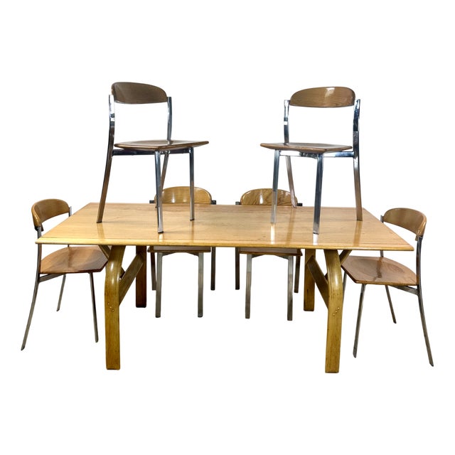 Vintage Table and Chairs in Elm and Chrome Steel, 1980s, Set of 7 For Sale