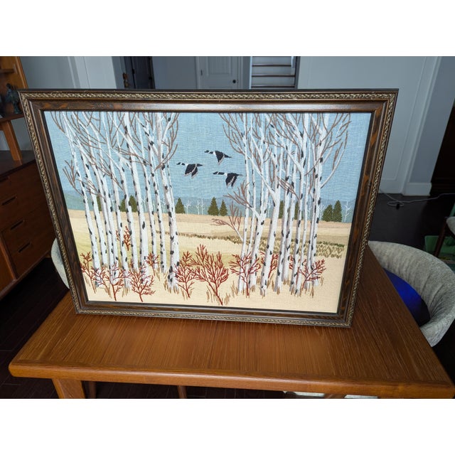 1970s Vintage Erica Wilson Crewel Embroidery Textile Art Framed "Birch Trees & Geese For Sale - Image 4 of 11