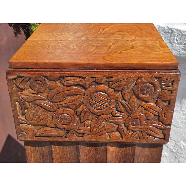 A whimsical French Art Deco Pedestal Column for statue of plant. Nice oak wood and unusual design.