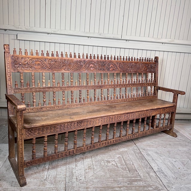 Brown Large Antique Spanish Colonial Carved Hardwood Bench Late 18th / Early 19th Century For Sale - Image 8 of 11