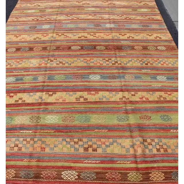 Mid 20th Century Large Multicolored Vintage Turkish Kilim Rug With Geometric Shapes and Stripes Design For Sale In Atlanta - Image 6 of 13