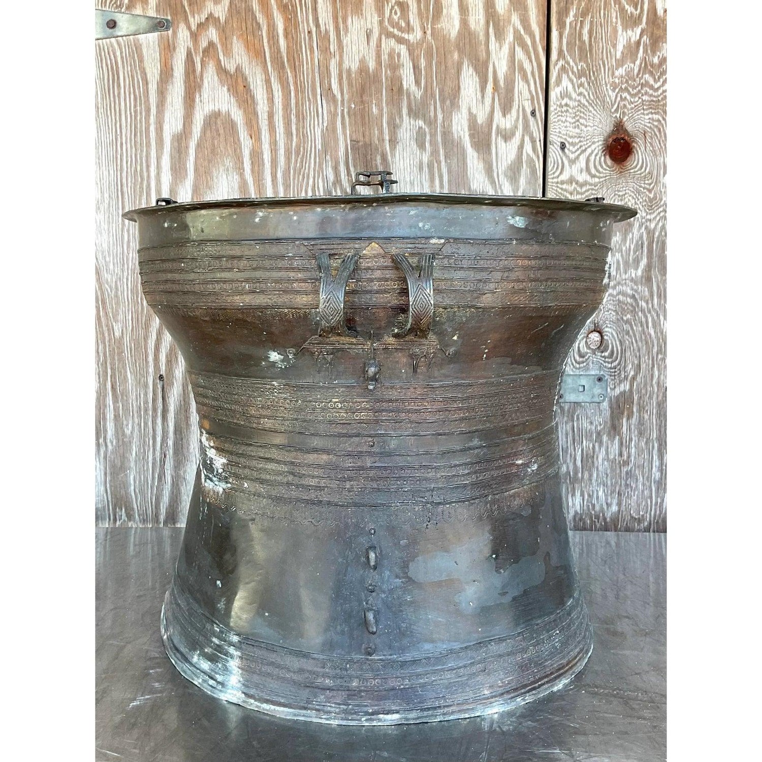 Mid 20th Century Vintage Boho Burmese Bronze Rain Drum - Top view