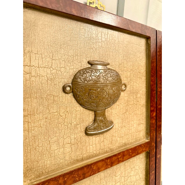 Wood 1970s Asian-Inspired Cast Stone Relief Vessel Motif Four-Panel Decorative Screen For Sale - Image 7 of 11