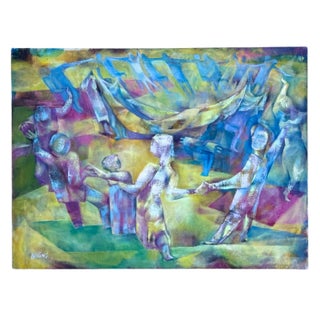 Joseph Wolins, Joseph Wolins WPA Artist Dancing, Torah Modernist Judaica Cubist Oil Painting For Sale