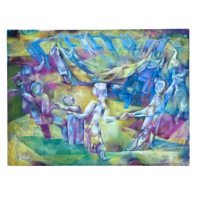Joseph Wolins, Joseph Wolins WPA Artist Dancing, Torah Modernist Judaica Cubist Oil Painting For Sale