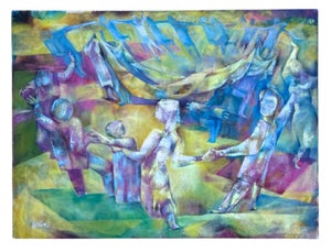 Joseph Wolins, Joseph Wolins WPA Artist Dancing, Torah Modernist Judaica Cubist Oil Painting