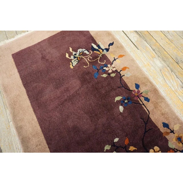 Textile 1920s Splendid Plum Ground Flower Design Antique Chinese Art Deco Knotted Rug For Sale - Image 7 of 13