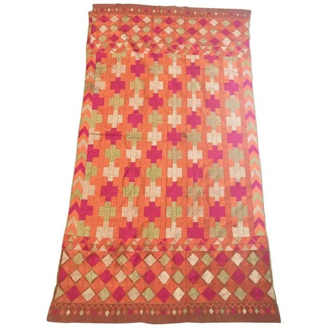 Antique Phulkari Wedding Shawl, Bright Colors of Silk Embroidery on Cotton For Sale - Image 13 of 13