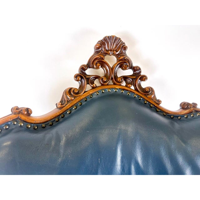 Blue Antique French Armchair in Walnut and Blue Leather, 1890s For Sale - Image 8 of 18