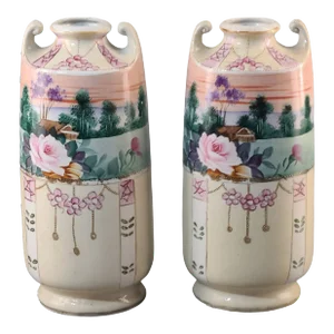 Antique Pair Hand Painted Enamel Scenic Floral Romantic Roses Nippon Vases