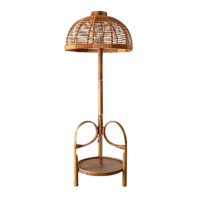 1960s Italian Bamboo and Rattan Floor Lamp With Integrated Table – Louis Sognot Style For Sale