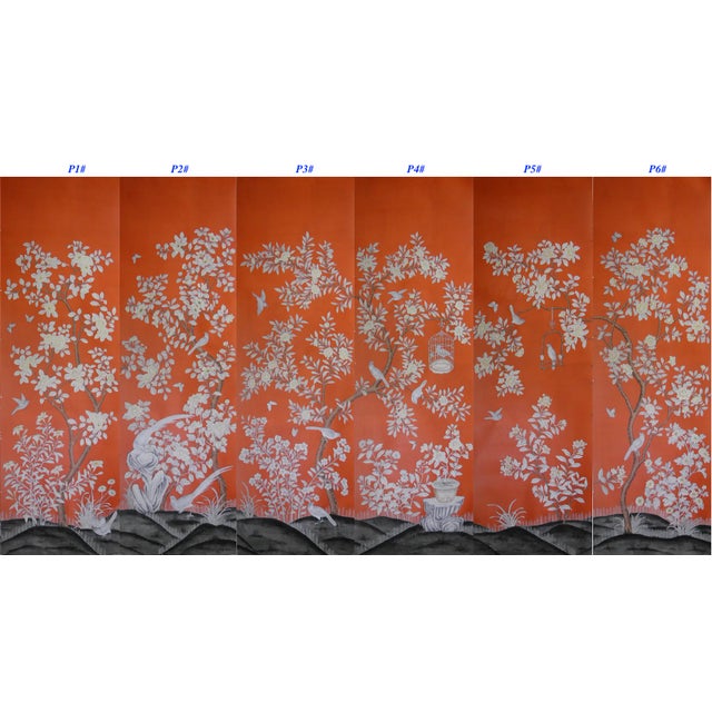 36"x108" Hand-Painted Silk Chinoiserie Wallpaper Panel in Orange Red on Sale For Sale - Image 4 of 7