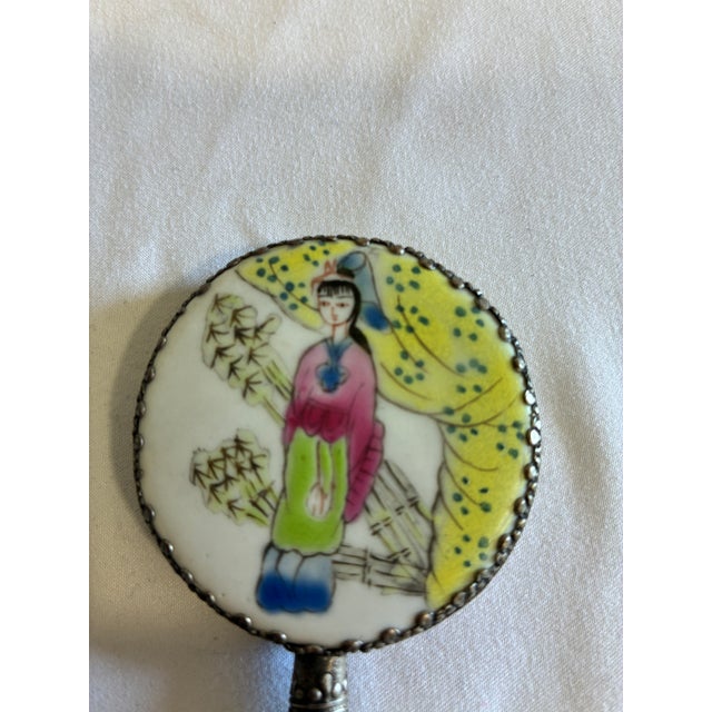 Vintage Hand Mirror With Jade Handle & Hand-Painted Asian Scene For Sale In Oklahoma City - Image 6 of 11