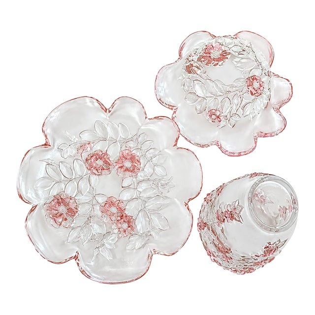 Vintage Mikasa "Rosella" Pink Floral Frosted & Clear Glass 3 Piece Hostess Set - Bowl, Platter & Vase- R For Sale