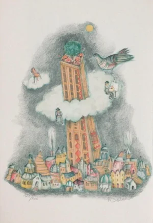 1985 Françoise Deberdt "La Tour Dans Les Nuages" Lithograph
