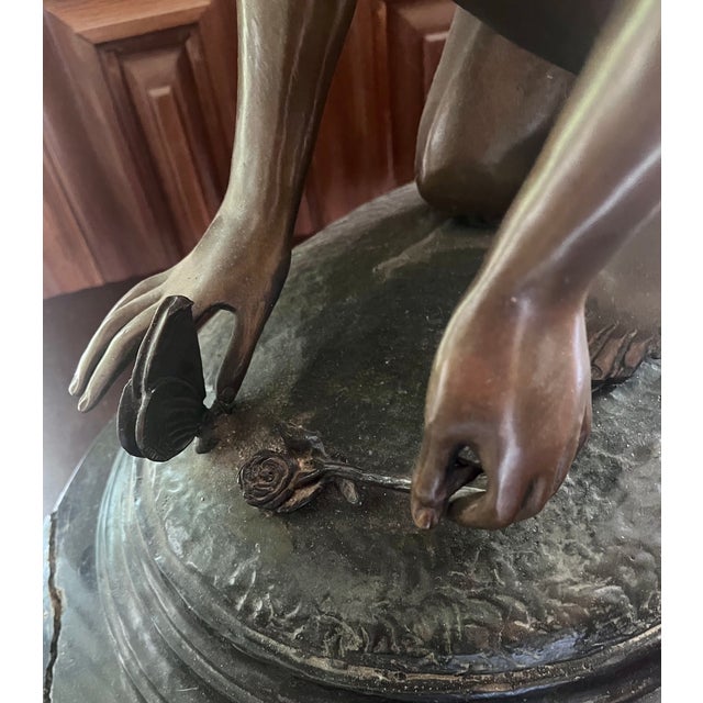 Vintage Grand Scale Patinated Bronze "Cupid Playing With a Butterfly" After Injalbert 1890 For Sale - Image 11 of 18