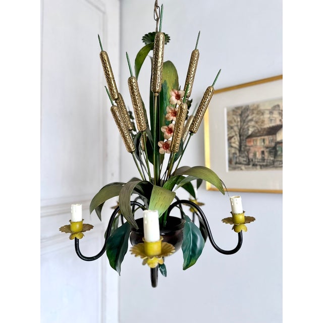 Metal French Country Tole Botanical Five-Light Chandelier with Cattails and Flowers, 1960s For Sale - Image 7 of 17