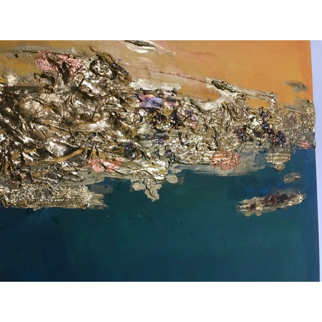 Gold Gold in Teal and Yellow Mix Media Painting For Sale - Image 8 of 11