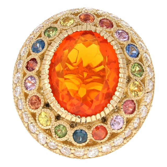 5.14 Carat Natural Fire Opal Sapphire and Diamond Yellow Gold Cocktail Ring Size 7 For Sale