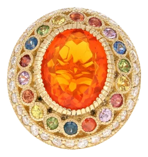 5.14 Carat Natural Fire Opal Sapphire and Diamond Yellow Gold Cocktail Ring Size 7