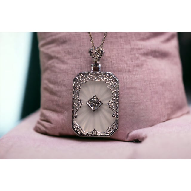 Early 21st Century The 106th Street: Antique Art Deco Filigree Camphor Glass Pendant with Diamond For Sale - Image 5 of 5