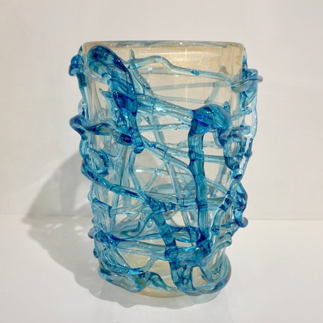 2000 - 2009 2000 Cenedese Italian Modern Aqua Blue 24 Kt Gold Murano Glass Art Vase For Sale - Image 5 of 8