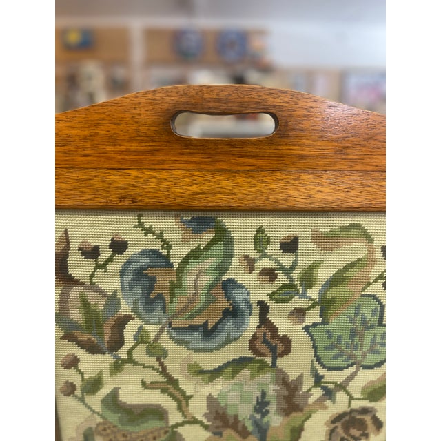 Wood Possibly Antique Arts & Crafts Oak Fire Screen With Hand-Stitched Floral Needlepoint, Likely Early 20th Century. For Sale - Image 7 of 10