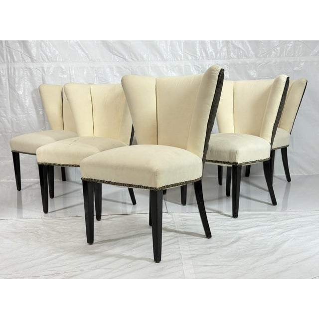 Set of 6 Mid-Century Tuxedo Dining Chairs, Ebonized Wood, Brass Nailheads For Sale - Image 4 of 18