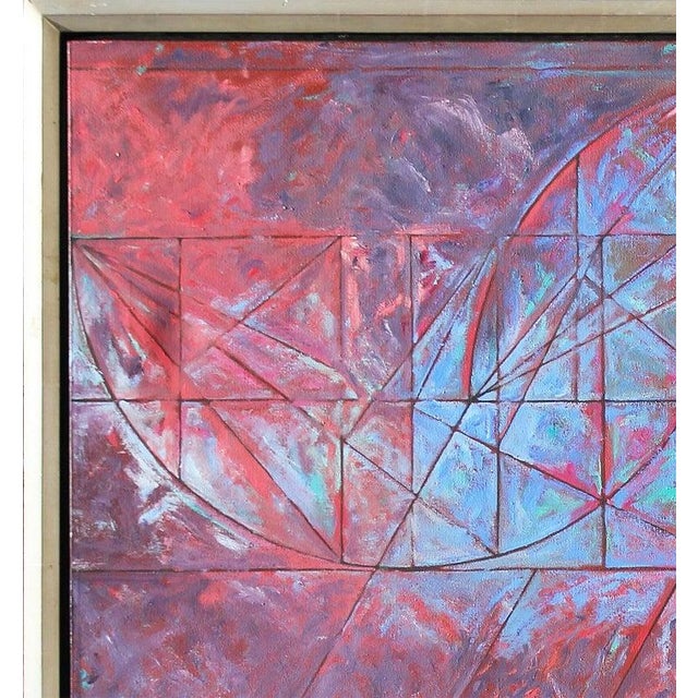 1985 Modern Red and Blue Geometric Abstract Painting With Linear Shapes ...