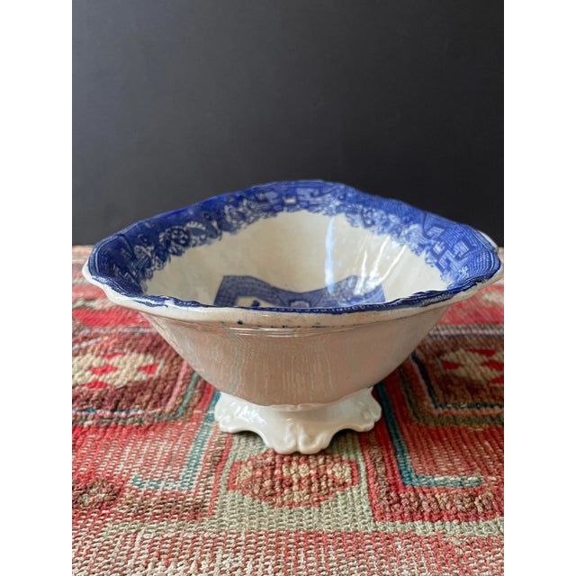 Staffordshire Potteries Antique English Blue Willow Transferware Oval Footed Serving Dish For Sale - Image 4 of 9