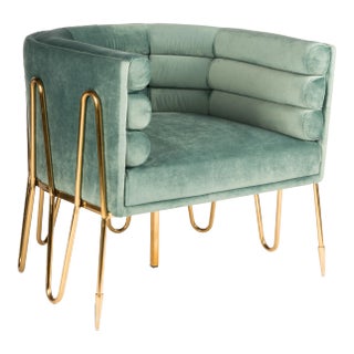 Showroom Sample Alexa Gold Barrel Chair in Green and Gold For Sale