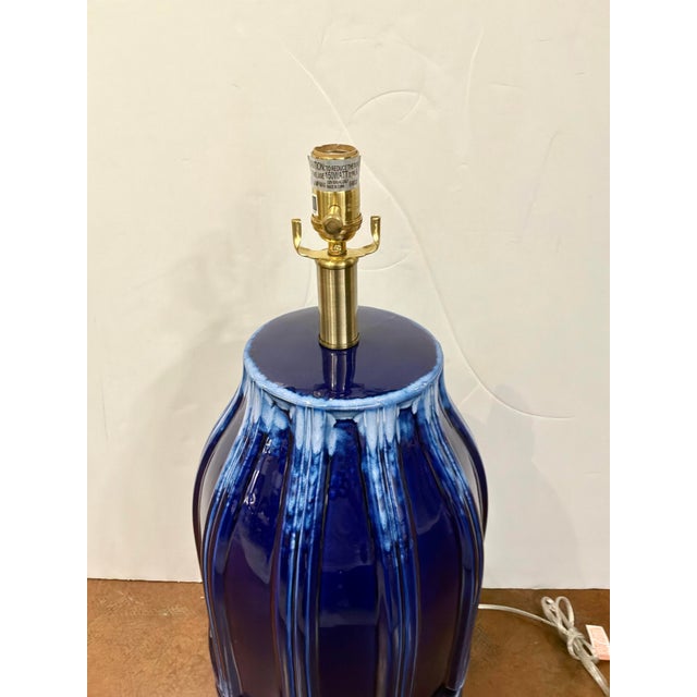 Harp & Finial Stylish Large Mid-Century Style Lamp. Blue Glaze body. Showroom floor sample.