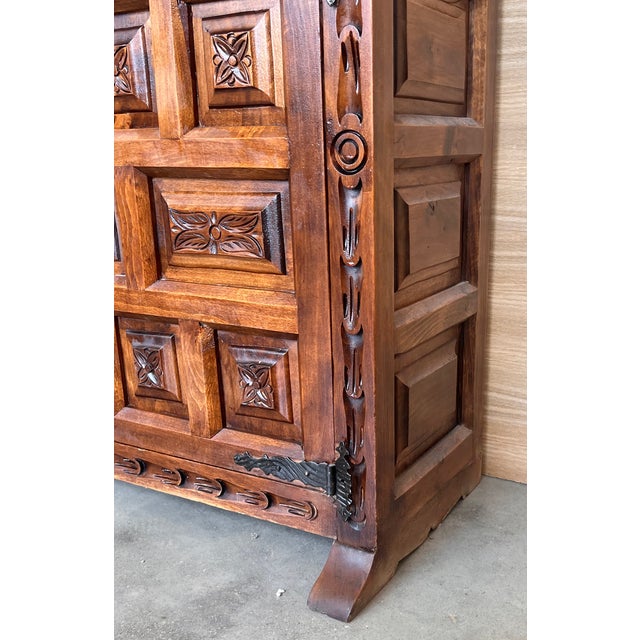 19th Spanish Baroque Carved Walnut Tuscan Two Drawer Credenza or Buffet For Sale - Image 4 of 9