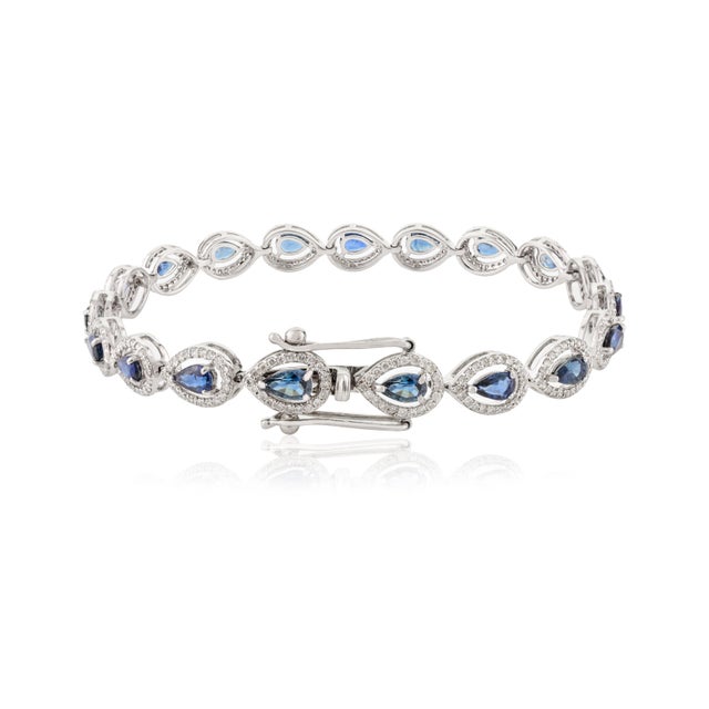 Pear Cut Blue Sapphire & Halo Diamond Tennis Bracelet For Sale - Image 4 of 11