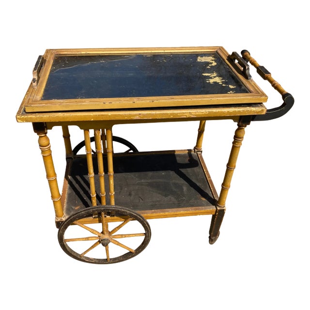 Early 20th Century Asian Style Bamboo Yellow Rolling Tea Bar Cart For Sale