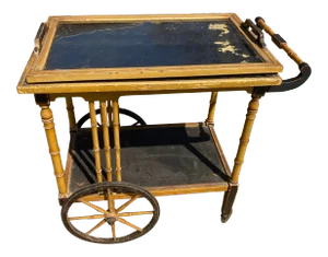 Early 20th Century Asian Style Bamboo Yellow Rolling Tea Bar Cart