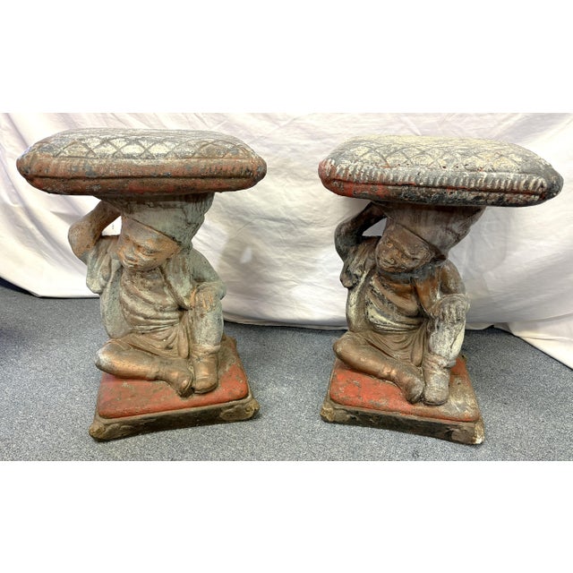 Vintage Cast Cement Figural Putti Garden Stools- A Pair For Sale - Image 9 of 18