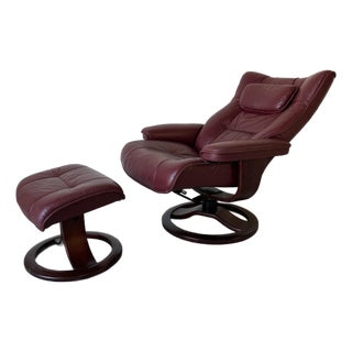 Fjords Hjellegjerde Cranberry Leather Swivel Reclining Lounge Chair With Ottoman For Sale