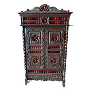 1800's Antique Breton, French, Carved, Shelves, Red Interior, Bookcase! For Sale