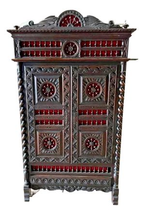 1800's Antique Breton, French, Carved, Shelves, Red Interior, Bookcase!