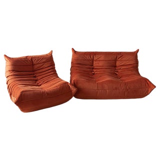 Orange Velvet Togo Sofa & Lounge Chair by Michel Ducaroy for Ligne Roset, 1970s, Set of 2 For Sale