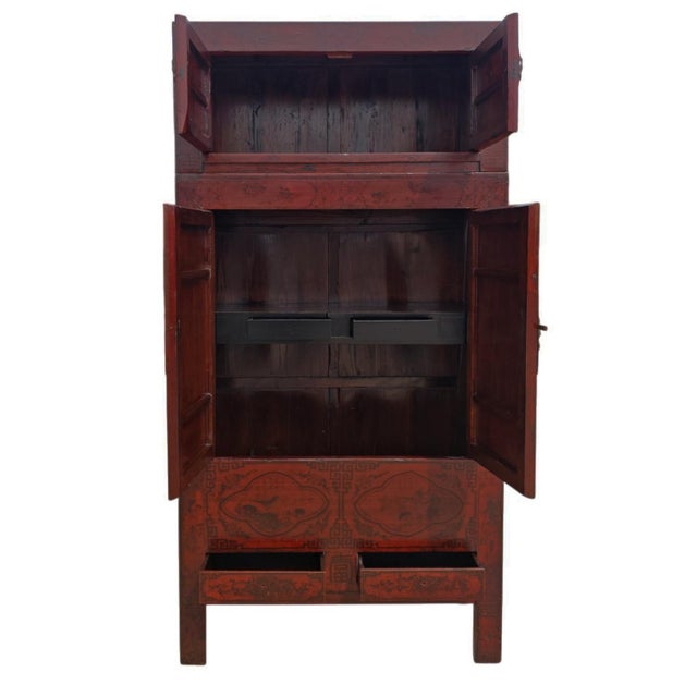 96" Tall Red Lacquer Antique Chinese Chinoiserie-Style Cabinet For Sale - Image 13 of 15