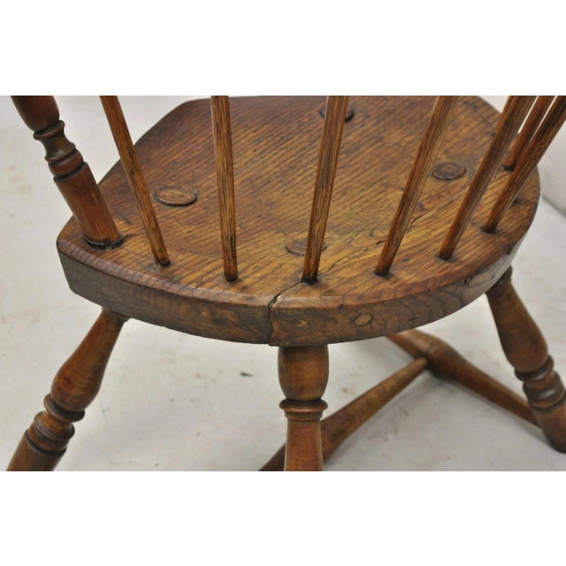 Wood Antique French Country Colonial Chestnut Oak Wood Small Bowed Windsor Arm Chair For Sale - Image 7 of 12