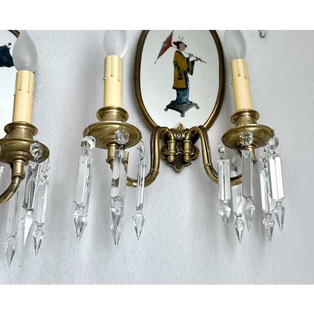 Metal Pair Chinoiserie Eglomise Mirrored Sconces - E F Caldwell For Sale - Image 7 of 16