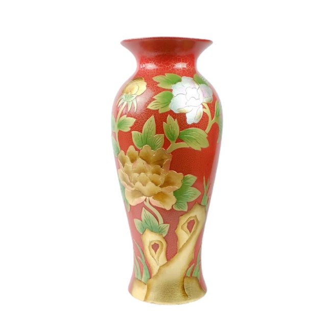 1990s Large Peony Red Vase For Sale - Image 9 of 9